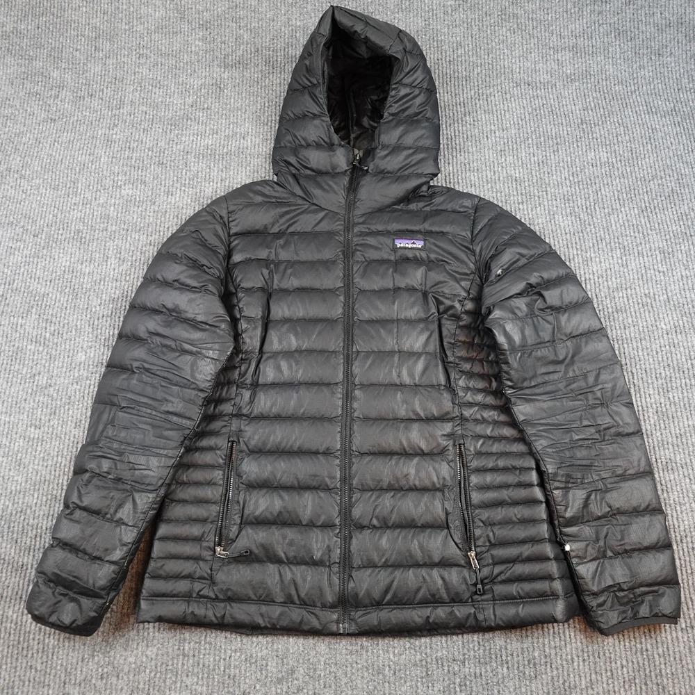 Patagonia Down Sweater Hoody Jacket Womens Large Black Puffer Full Zip 84711